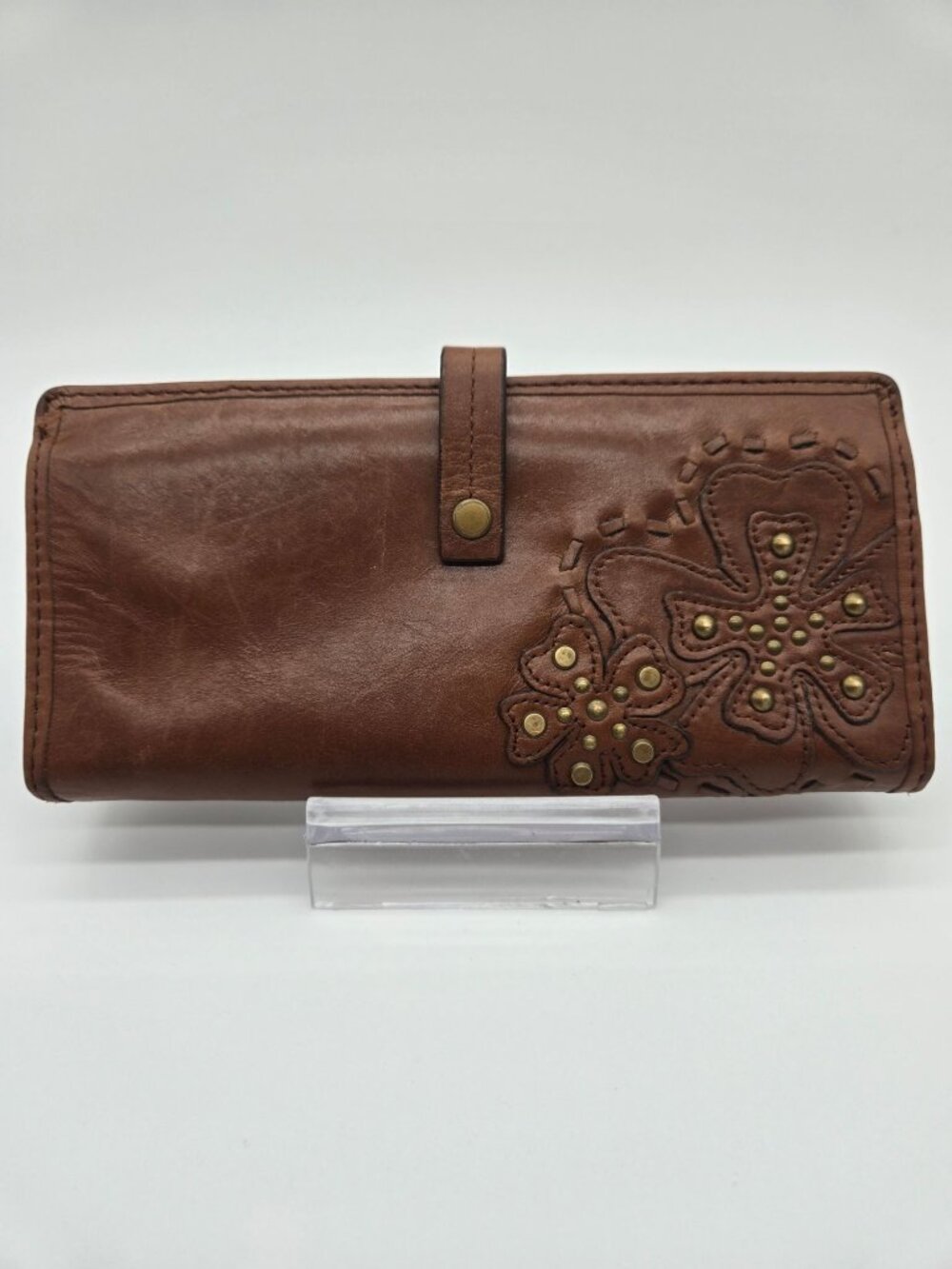 Vintage Fossil Brown Distressed Leather Flower Appliqué Wallet